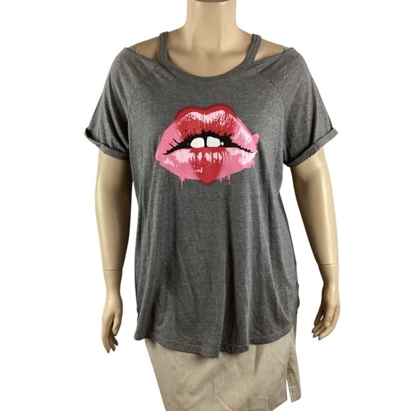 Torrid Gray Lips Graphic Cold Shoulder T-Shirt 2X Soft Stretch - Picture 1 of 7